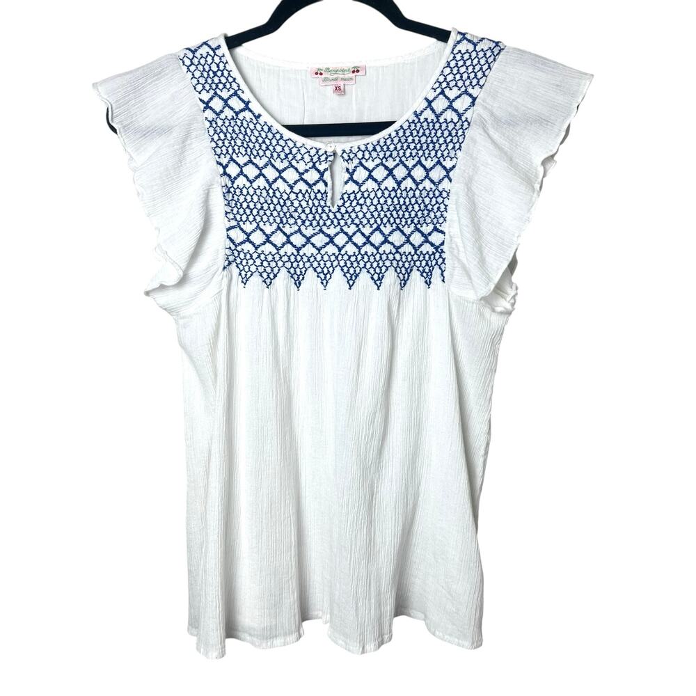 Bonpoint Embroidered Smocked Flutter Sleeve Cotton Top Blouse White Blue Sz XS